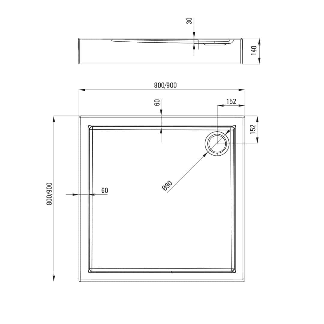 Quadrat Standard Acryl Duschwanne | Weiß Duschtasse | Breite 800-900 mm | Länge 800-900 mm | Höhe 140 mm | mit/ohne Ablaufgarnitur