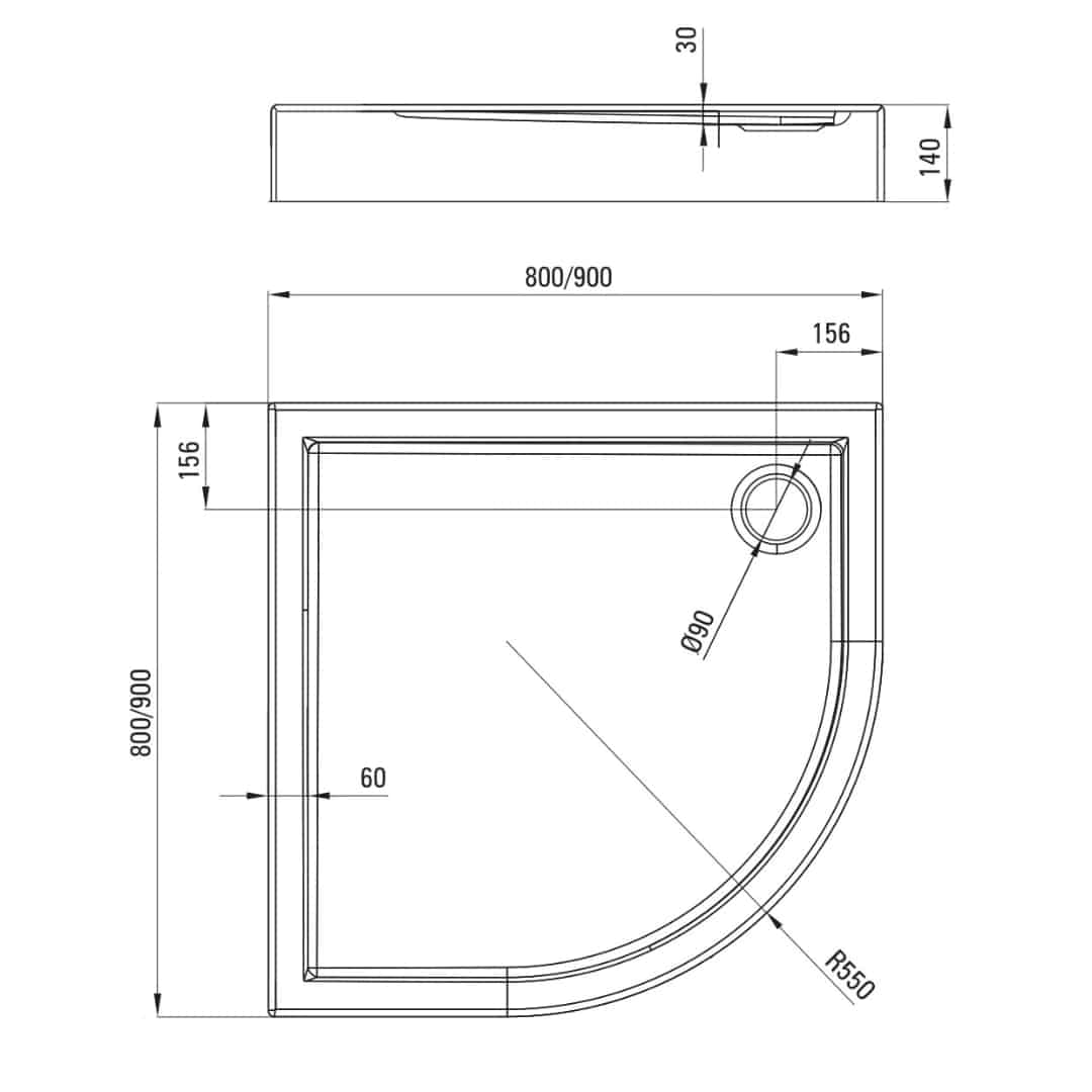 Halbrund Plus Acryl Duschwanne | Weiß Duschtasse | Breite 800-900 mm | Länge 800-900 mm | Höhe 140 mm | mit/ohne Ablaufgarnitur